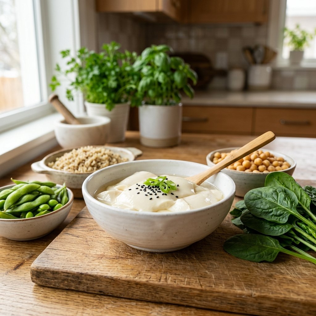 A bowl of silken tofu surrounded by fresh high-protein vegan ingredients like edamame, chickpeas, quinoa, and spinach on a wooden board in a kitchen.