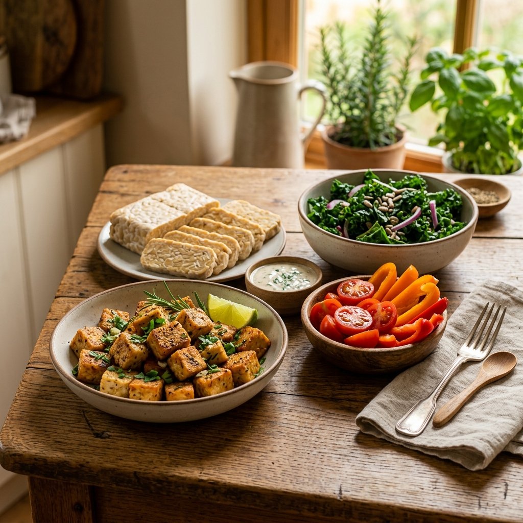 A wooden table with sliced tempeh, cooked tempeh cubes in a bowl, and fresh vegetables like kale and tomatoes arranged around them.