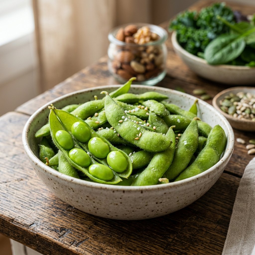 Close-up of a bowl of fresh green edamame pods on a wooden table with blurred healthy vegan foods in the background.