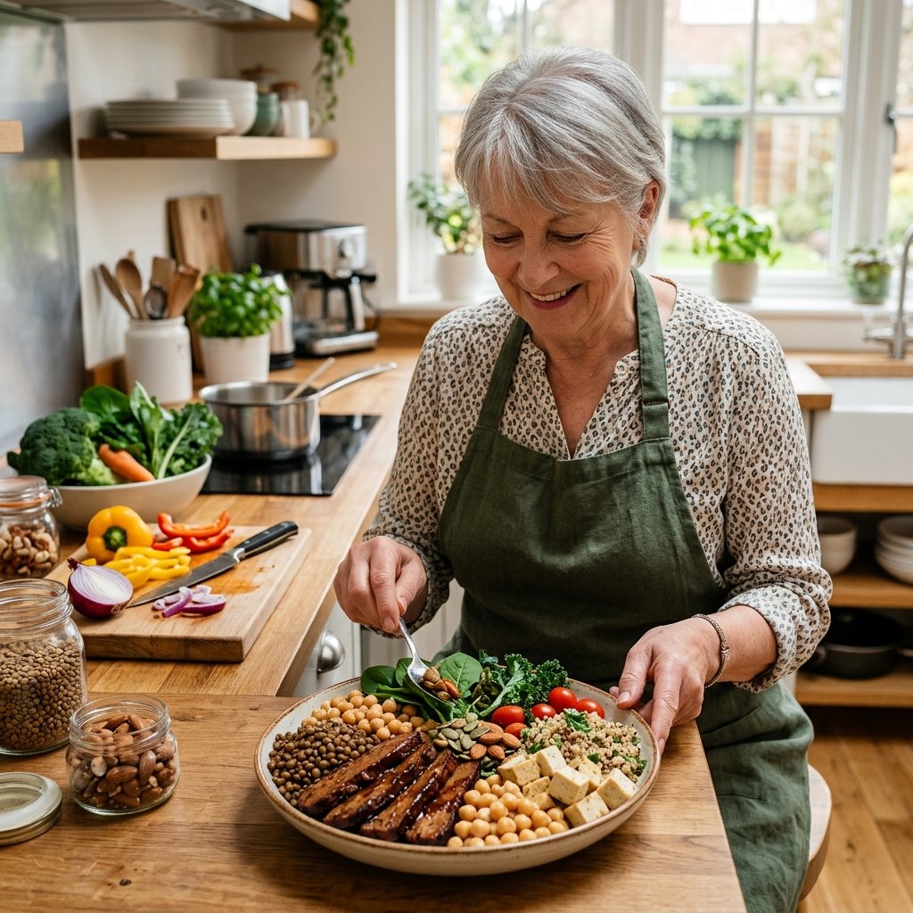 A senior person preparing a healthy vegan meal with seitan and various plant-based protein foods in a kitchen.