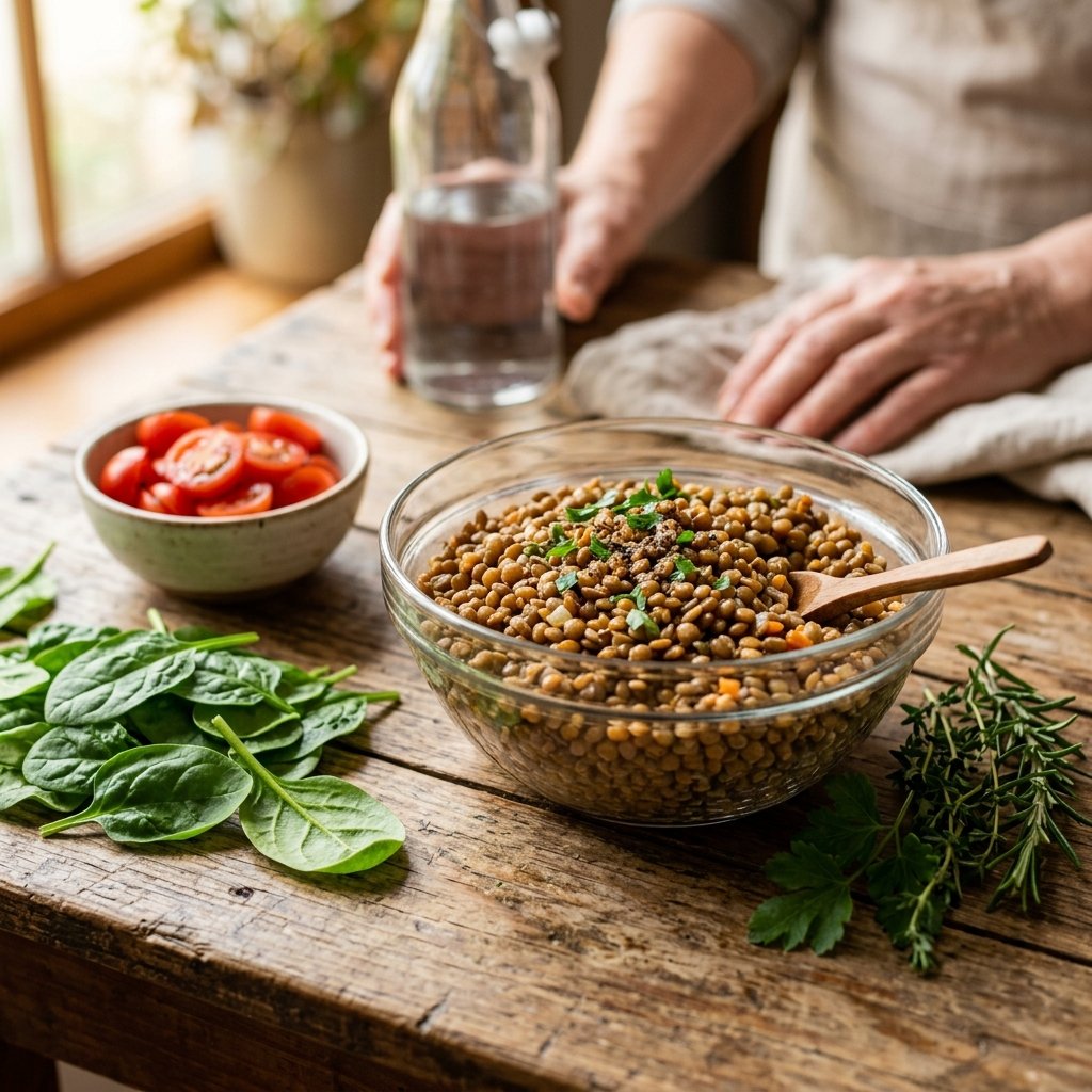 A bowl of cooked lentils on a wooden table surrounded by fresh spinach, cherry tomatoes, and herbs.
