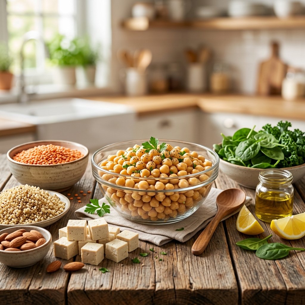 A bowl of cooked chickpeas on a wooden table surrounded by various plant-based protein foods like lentils, quinoa, tofu, almonds, and leafy greens.