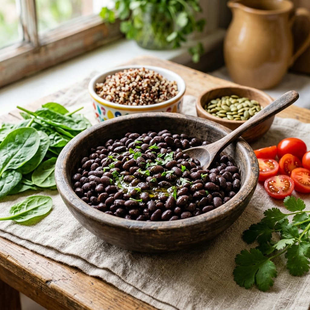 Close-up of a bowl of cooked black beans surrounded by fresh spinach, cherry tomatoes, quinoa, and pumpkin seeds on a linen cloth.