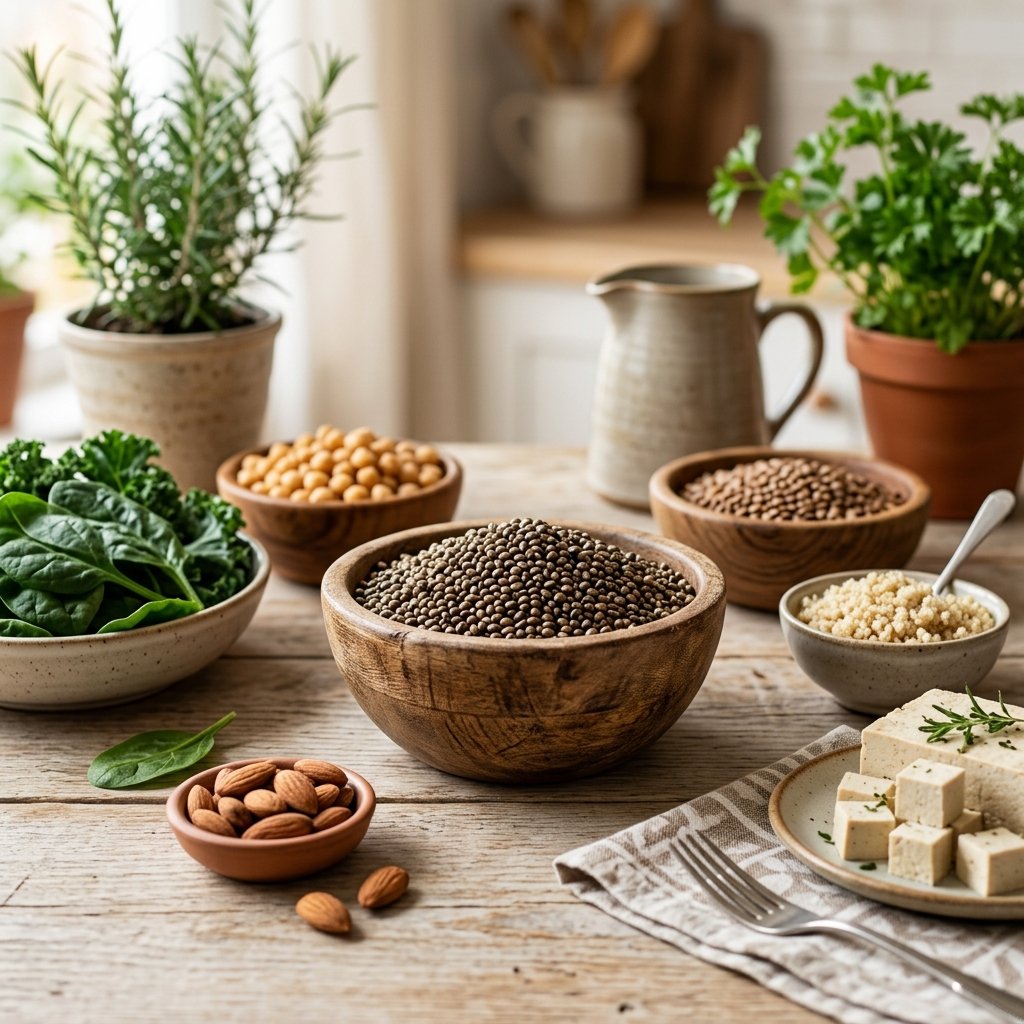Close-up of a bowl of hemp seeds surrounded by various high-protein vegan foods on a wooden table.