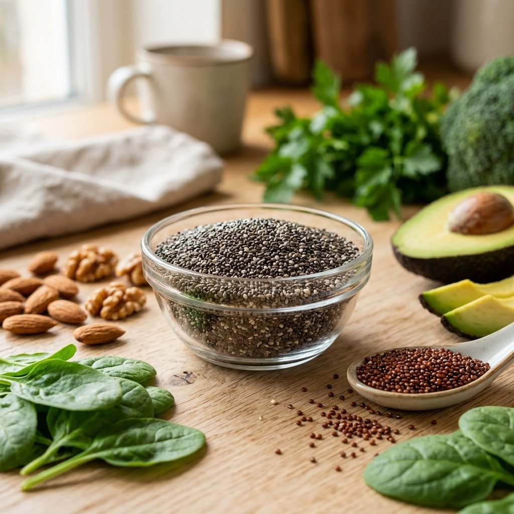 A bowl of chia seeds surrounded by various fresh vegan foods like nuts, spinach, quinoa, and avocado on a wooden surface.