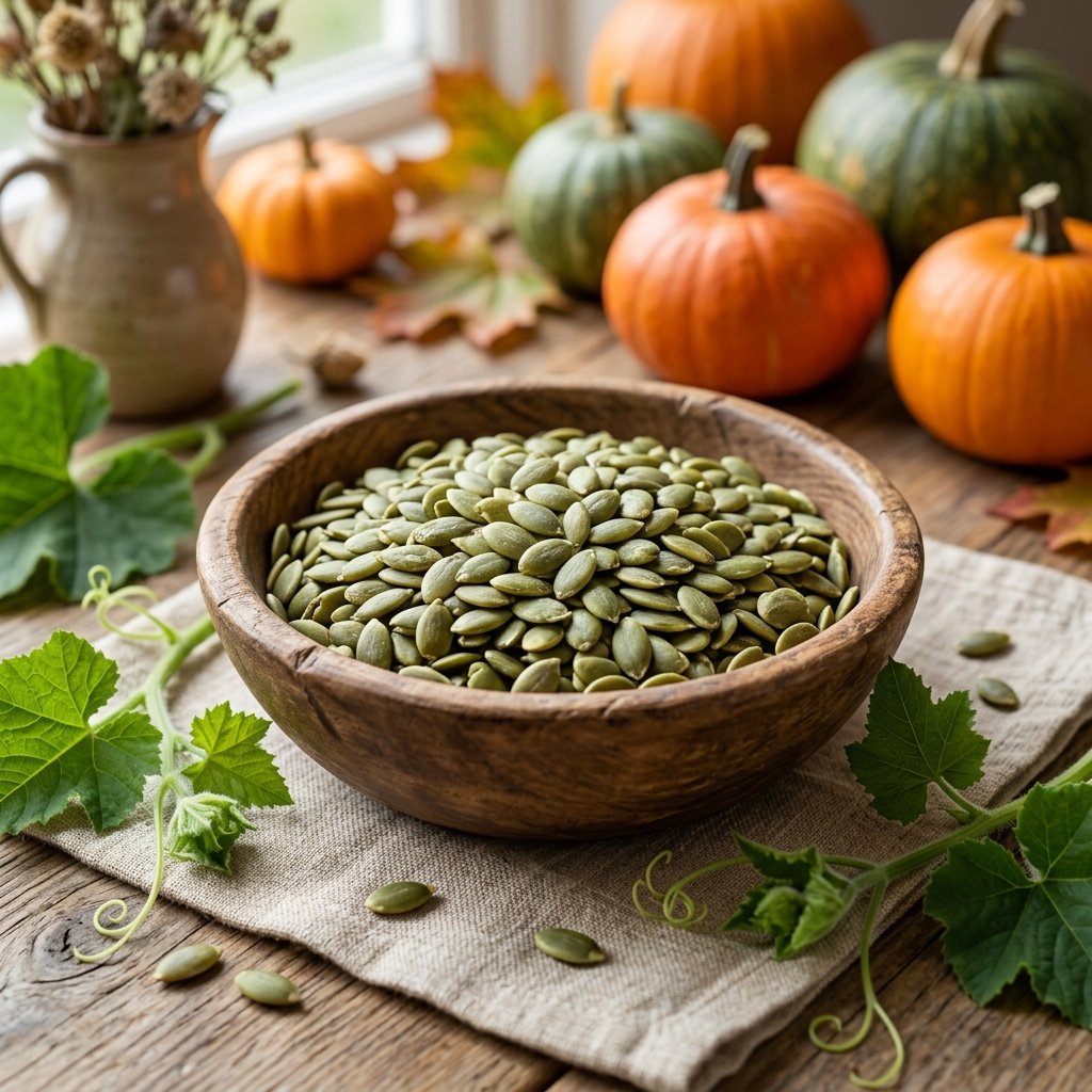 A wooden bowl filled with raw pumpkin seeds on a wooden table with green leaves and pumpkins in the background.