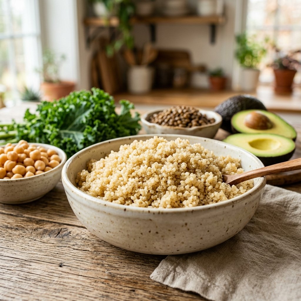 A bowl of cooked quinoa on a wooden table surrounded by fresh vegan ingredients like chickpeas, lentils, kale, and avocado.