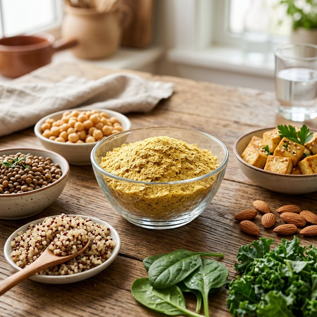 A bowl of nutritional yeast flakes surrounded by various high-protein vegan foods like lentils, chickpeas, tofu, almonds, and leafy greens on a wooden table.