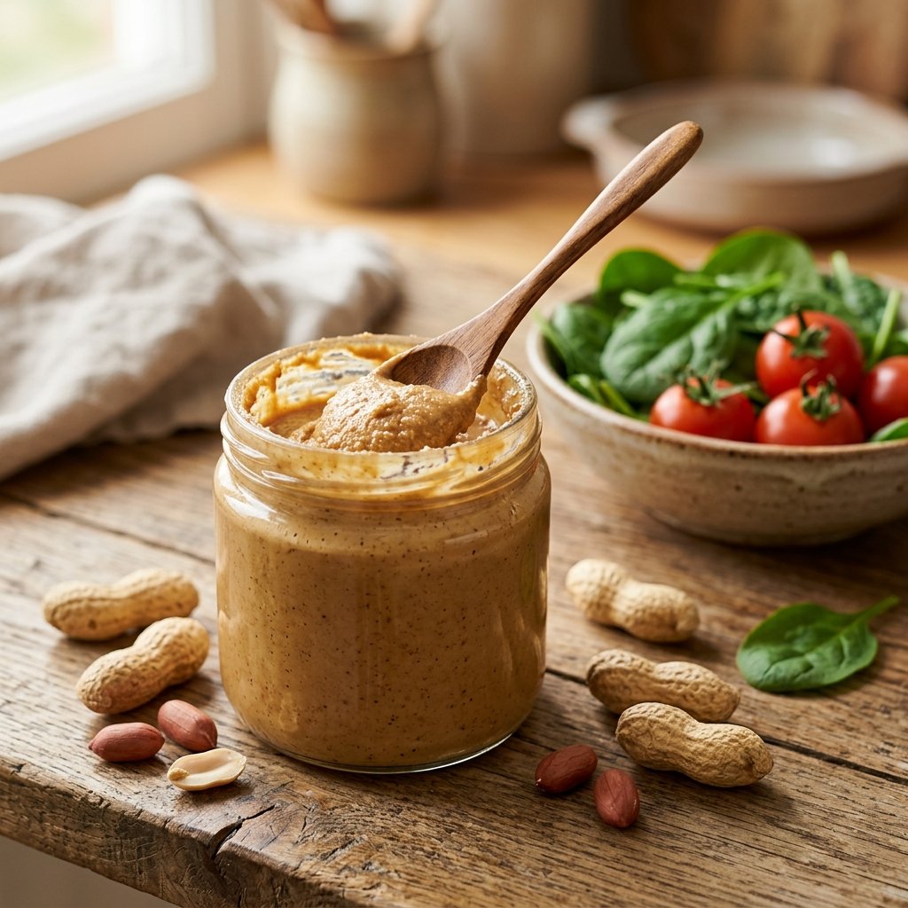 A jar of natural peanut butter with a wooden spoon, surrounded by peanuts on a wooden table with fresh spinach and cherry tomatoes in the background.