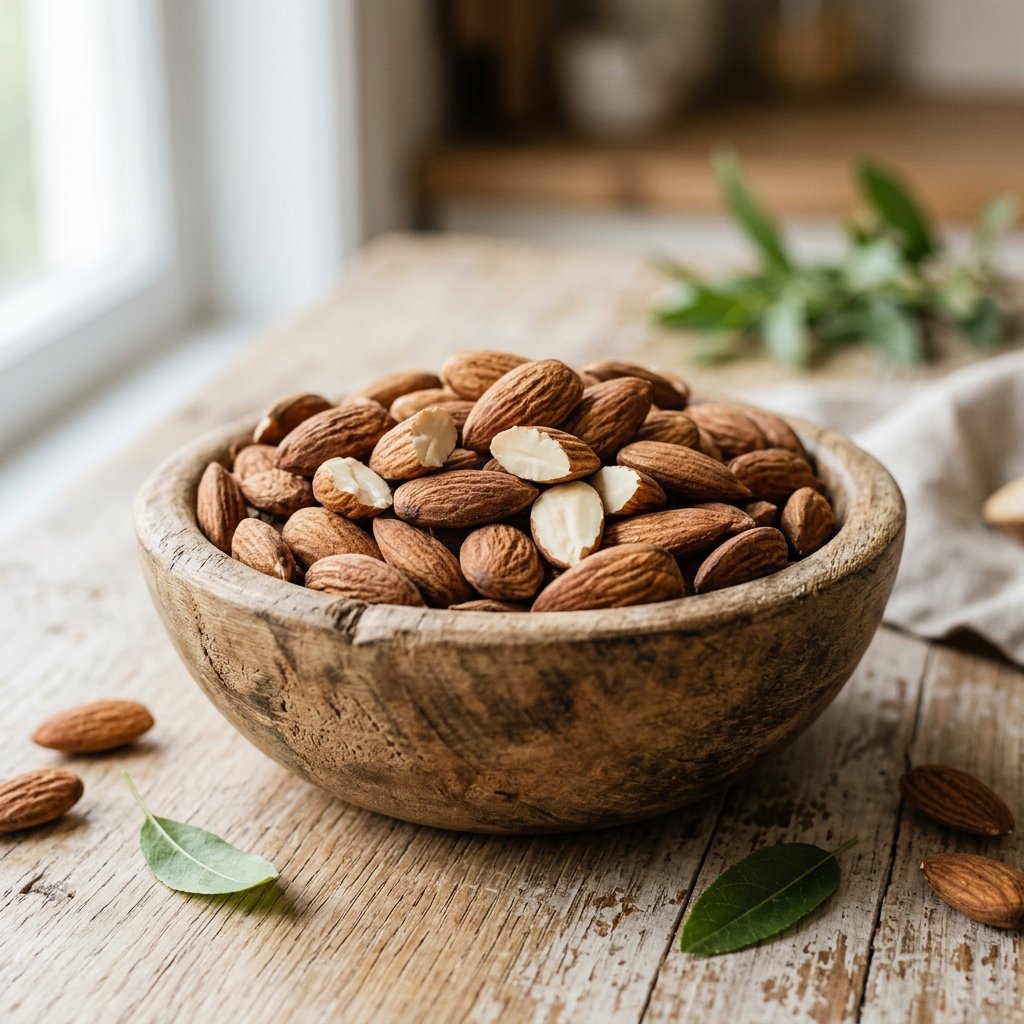 Close-up of a wooden bowl filled with whole almonds and almond kernels on a wooden surface with natural lighting.