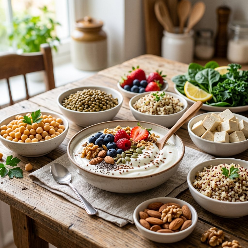 A bowl of vegan soy yogurt topped with berries and nuts, surrounded by various high-protein plant-based foods on a wooden table.