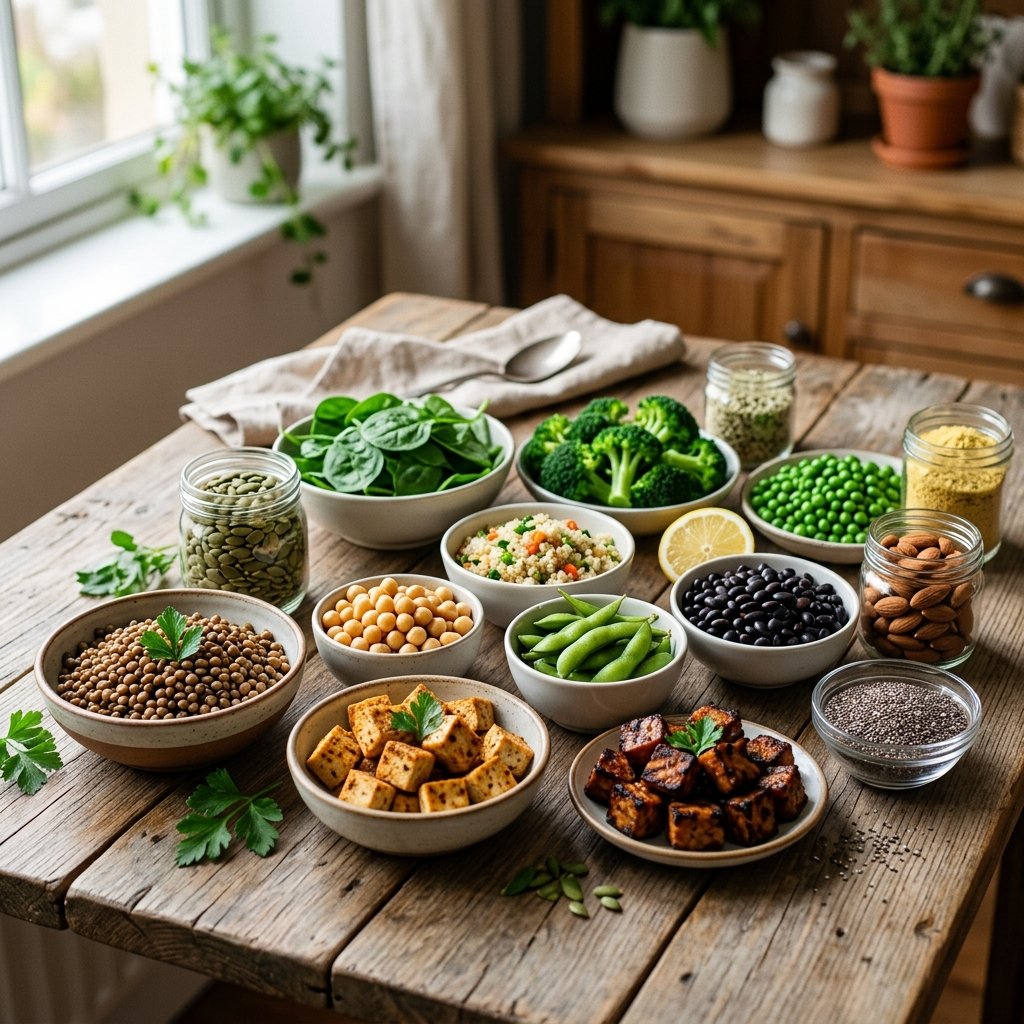 A variety of colorful high-protein vegan foods arranged on a wooden table, including beans, seeds, tofu, and green vegetables.