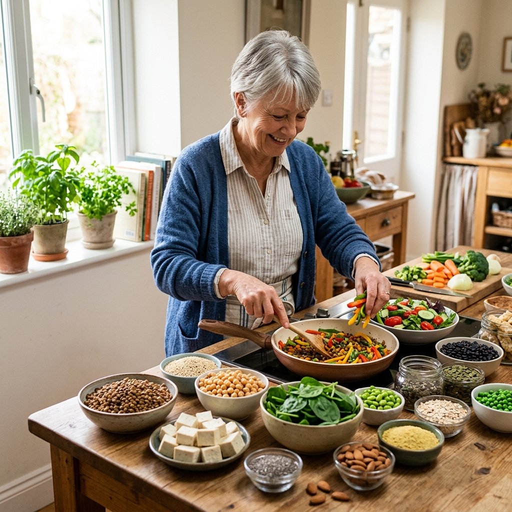 Senior person preparing a meal with a variety of plant-based protein foods on a kitchen table.