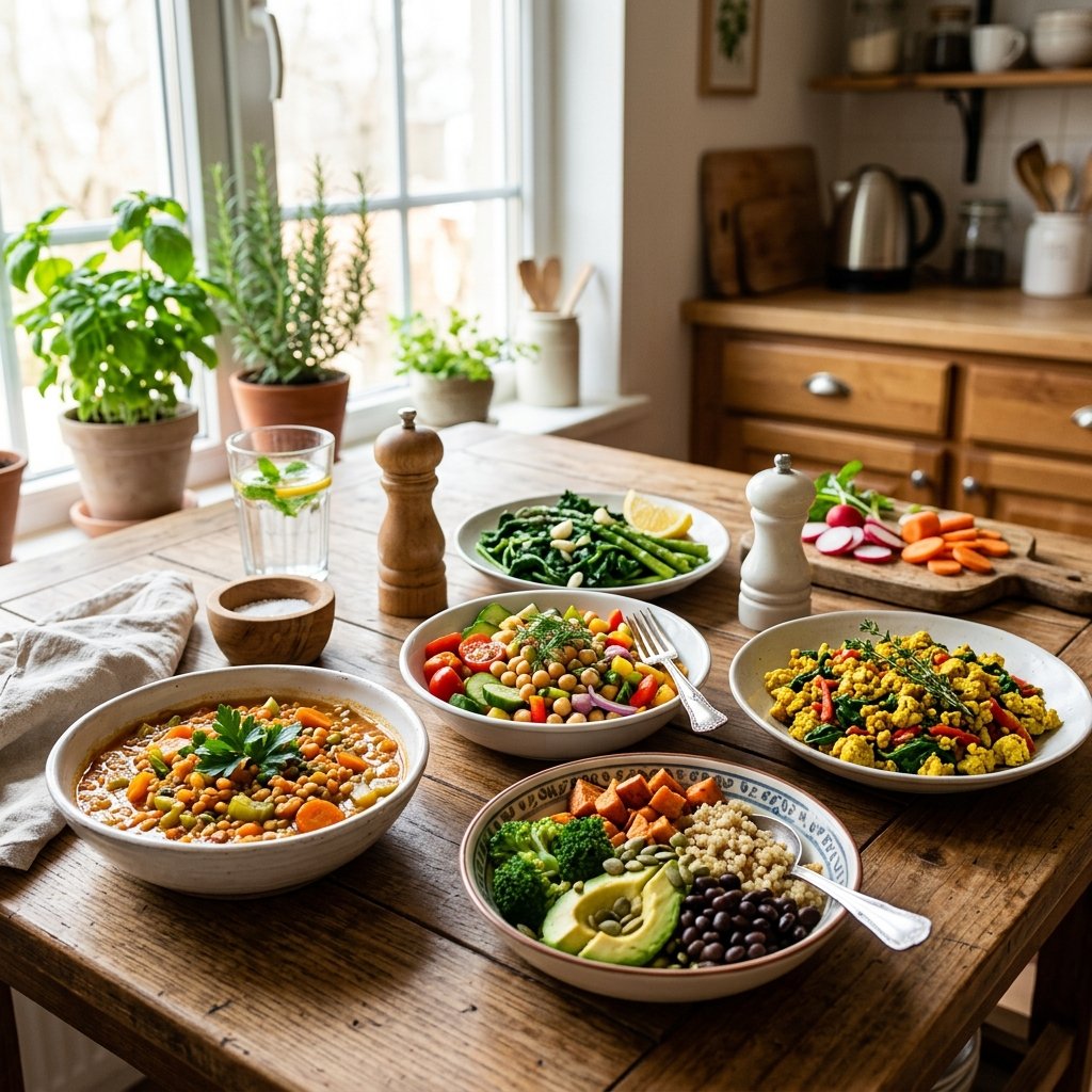 A table with several colorful vegan dishes including lentil stew, chickpea salad, tofu scramble, quinoa bowl, and steamed greens in a bright kitchen setting.