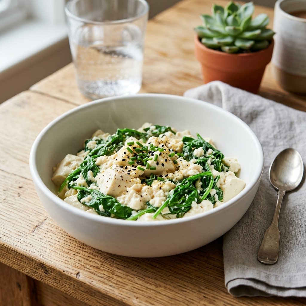 A bowl of silken tofu and steamed spinach scramble on a wooden surface with a glass of water and a small plant in the background.