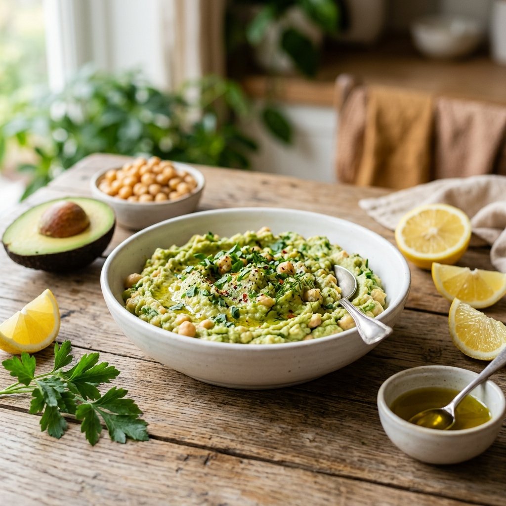 A bowl of mashed chickpea and avocado salad garnished with herbs on a wooden table, surrounded by fresh avocados, chickpeas, and lemon wedges.