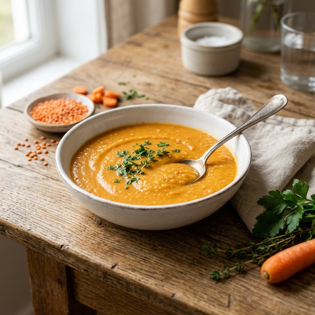 A bowl of smooth, pureed lentil and carrot stew on a wooden table with fresh carrots and herbs nearby.