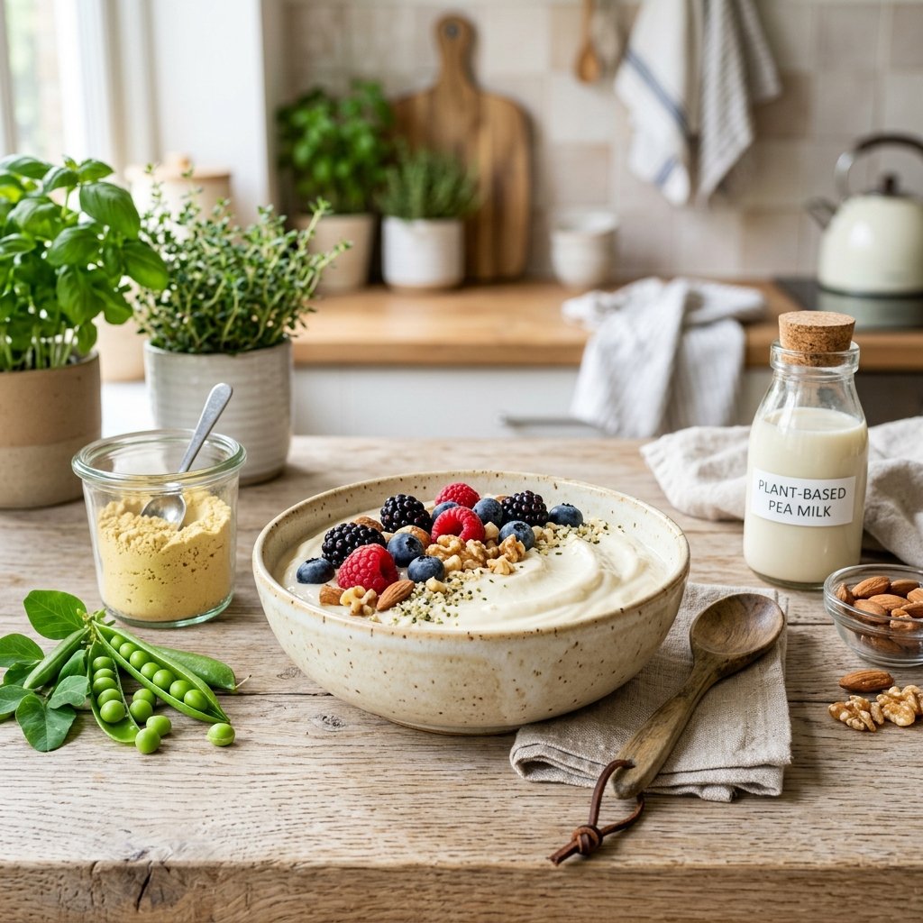 A bowl of dairy-free yogurt topped with berries and nuts, surrounded by pea-protein powder and fresh peas on a kitchen counter.