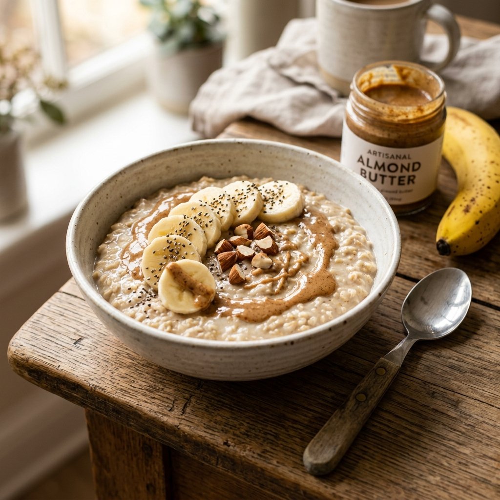 A bowl of creamy almond butter and banana porridge topped with sliced bananas and chia seeds on a wooden table, with a jar of almond butter and a banana nearby.