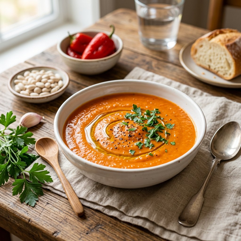 A bowl of creamy pureed white bean and roasted red pepper soup garnished with parsley on a wooden table with fresh ingredients around it.