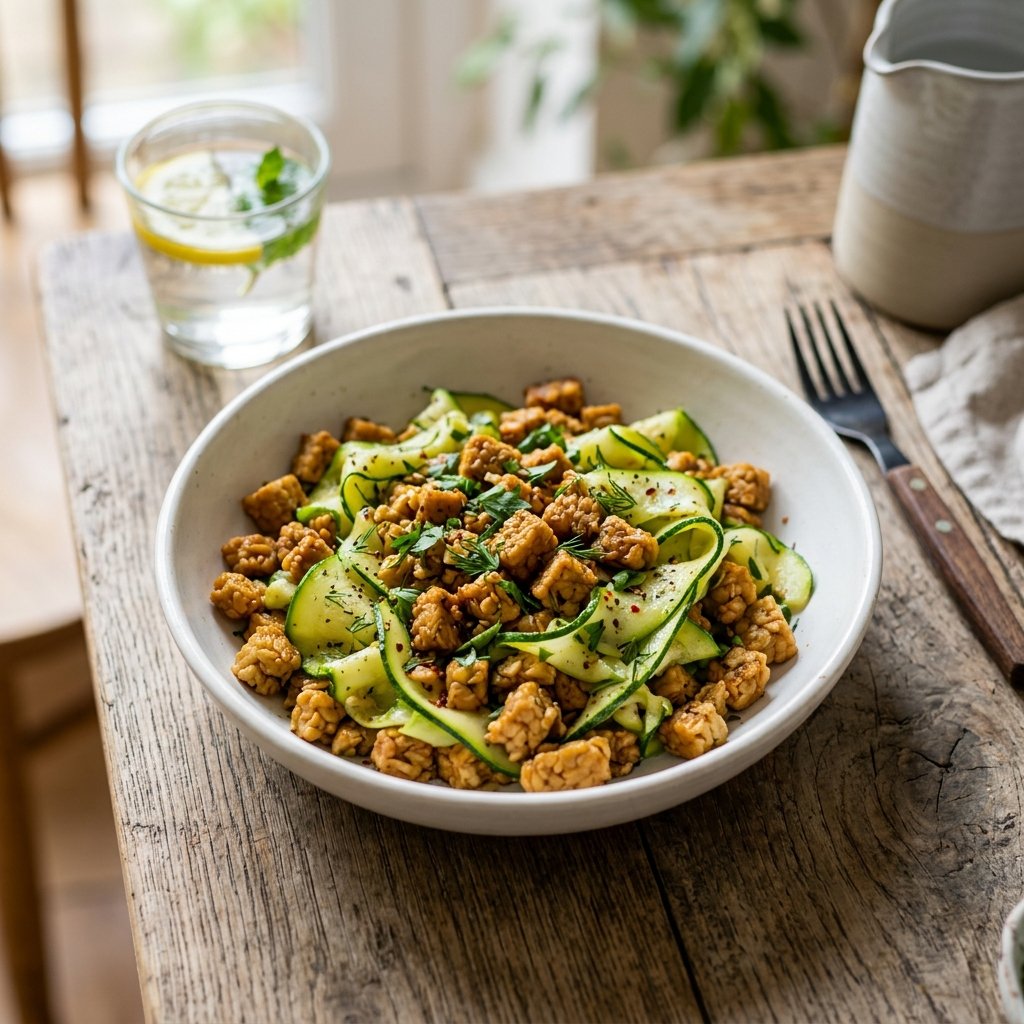 A bowl of soft tempeh crumbles mixed with fresh zucchini ribbons on a wooden table.