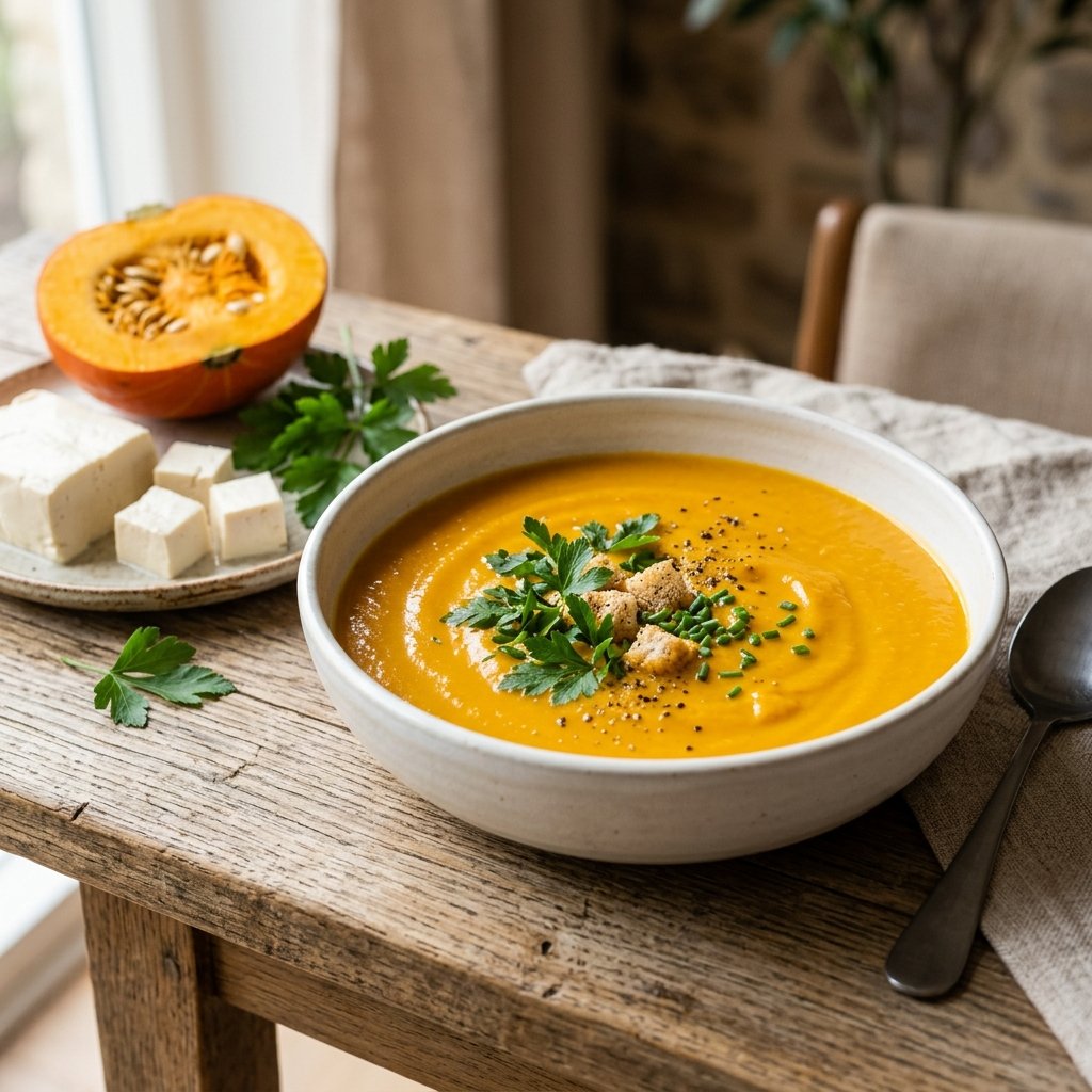 A bowl of creamy orange pumpkin and silken tofu soup garnished with herbs, surrounded by fresh pumpkin and tofu on a wooden table.