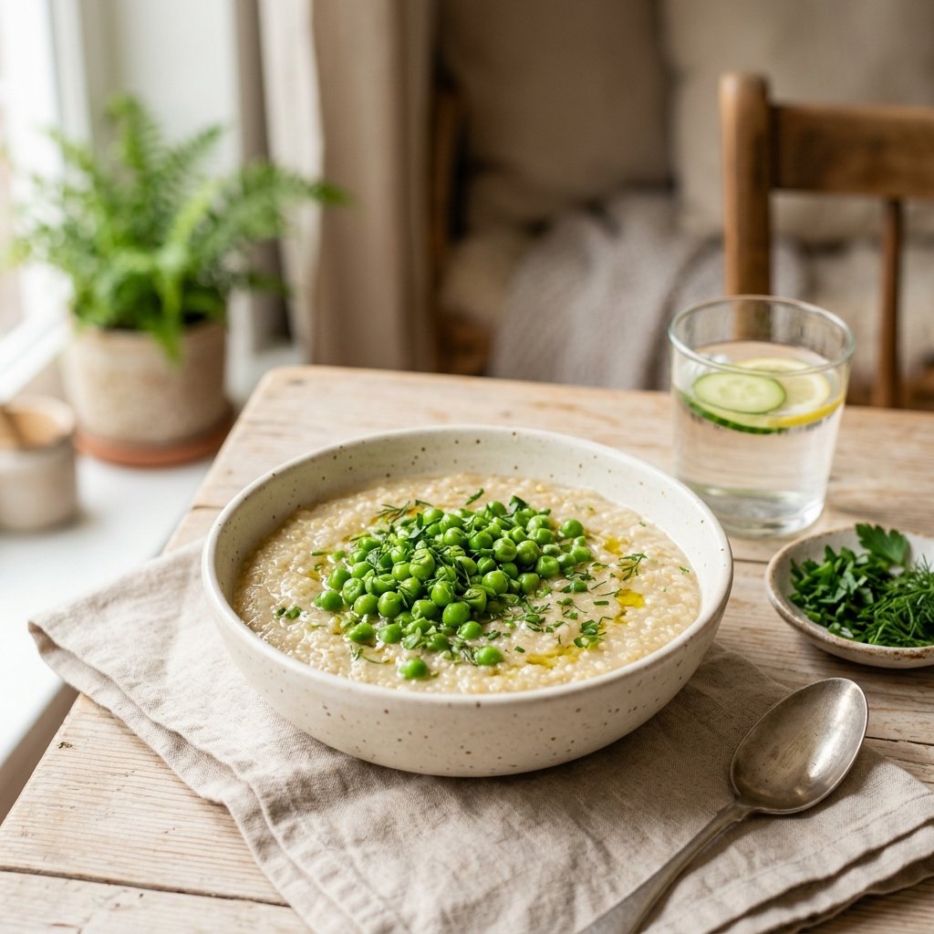 A bowl of creamy quinoa congee topped with soft green peas on a wooden table with a glass of water and fresh herbs nearby.