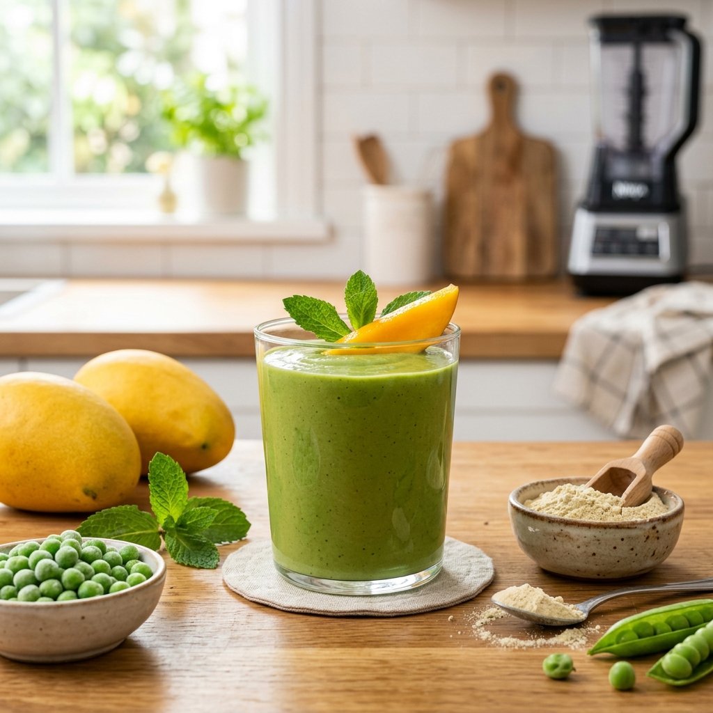 A green pea-protein smoothie in a glass garnished with mango slices and mint, surrounded by fresh mangoes and green peas on a kitchen counter.