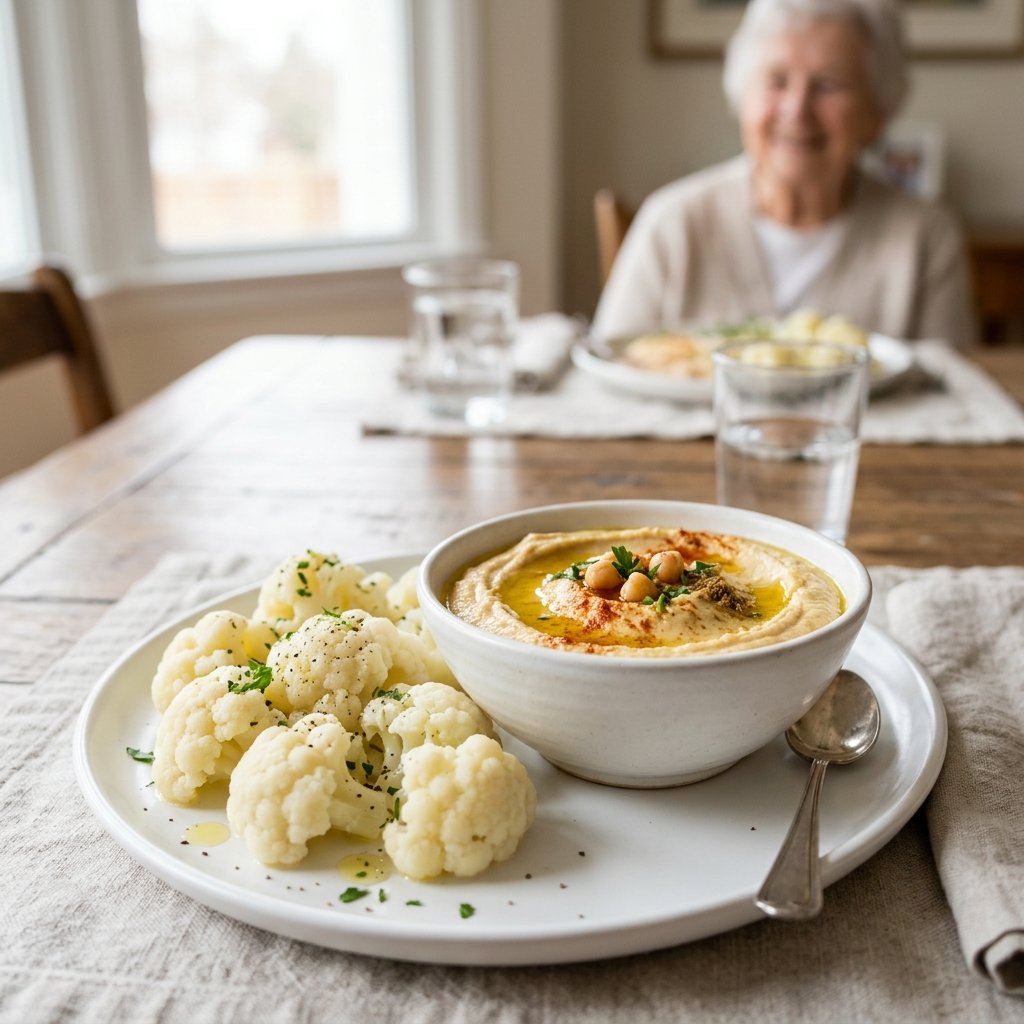 A bowl of warm hummus with steamed cauliflower florets on a white plate.