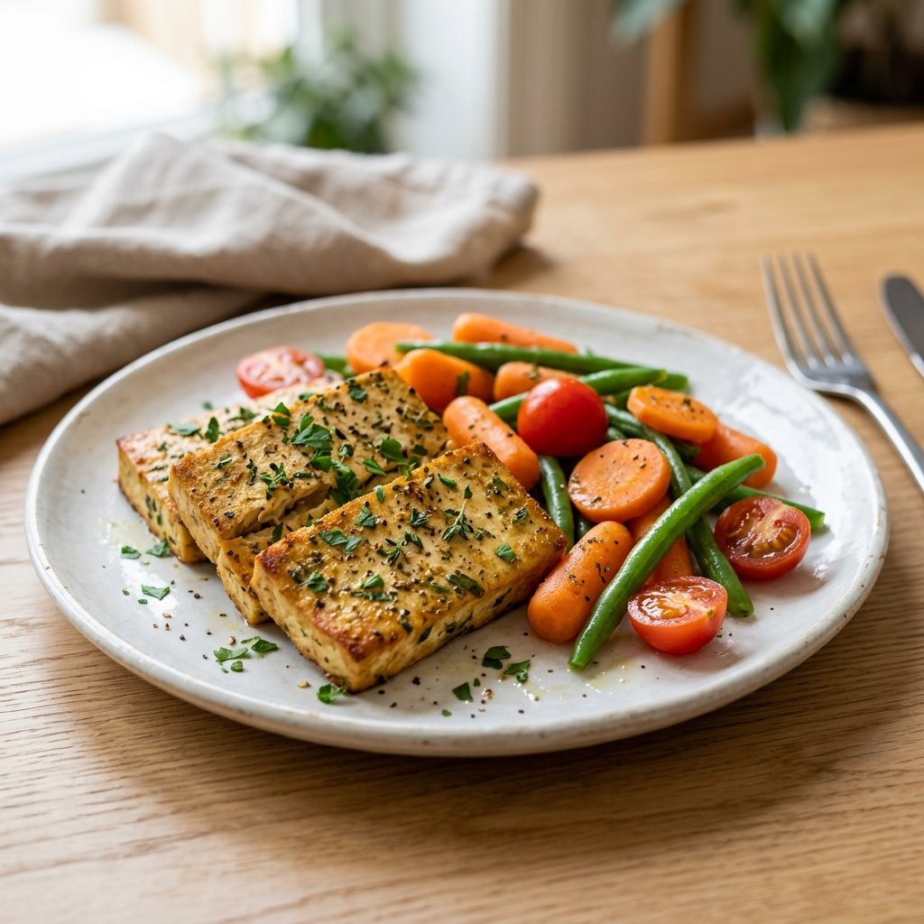 A plate of baked marinated tofu with fresh herbs and steamed vegetables on a wooden table.