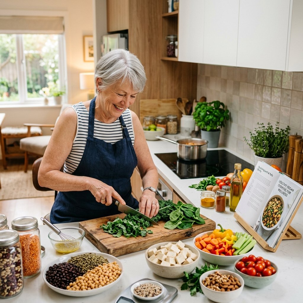 An elderly person preparing a healthy vegan meal with fresh vegetables and plant-based protein ingredients in a kitchen.