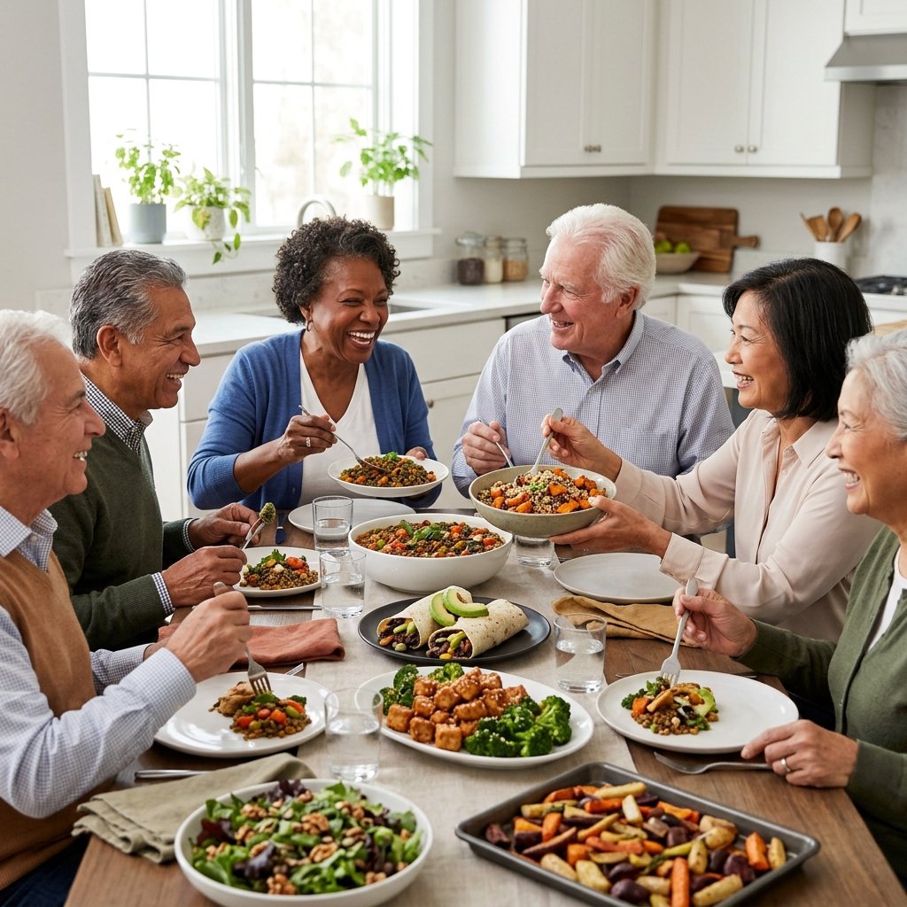 Elderly people enjoying a meal together with colorful plant-based dishes on a dining table in a bright kitchen.