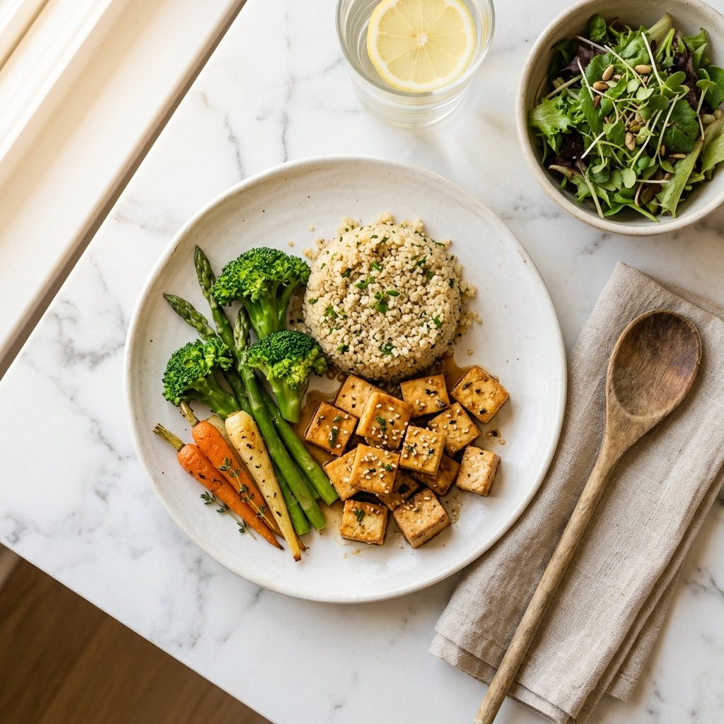 An overhead view of a plated tofu meal with vegetables on a white marble surface, lit by warm natural light.