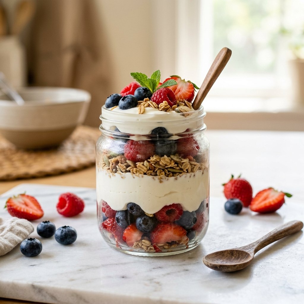 A glass jar filled with a layered silken tofu and berry yogurt parfait on a white marble surface with fresh berries and a small wooden spoon nearby.