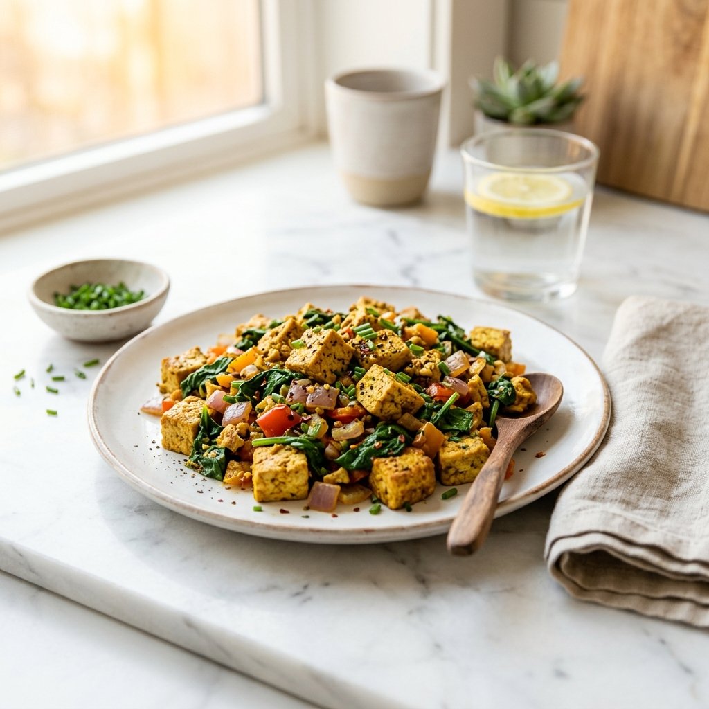 A plate of firm tofu breakfast scramble with spinach on a white marble surface, accompanied by a wooden spoon and a linen napkin.