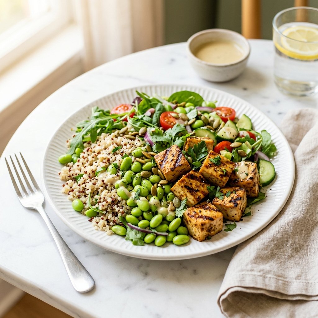 A plate of grilled tofu, quinoa salad, and edamame arranged on a white marble surface.