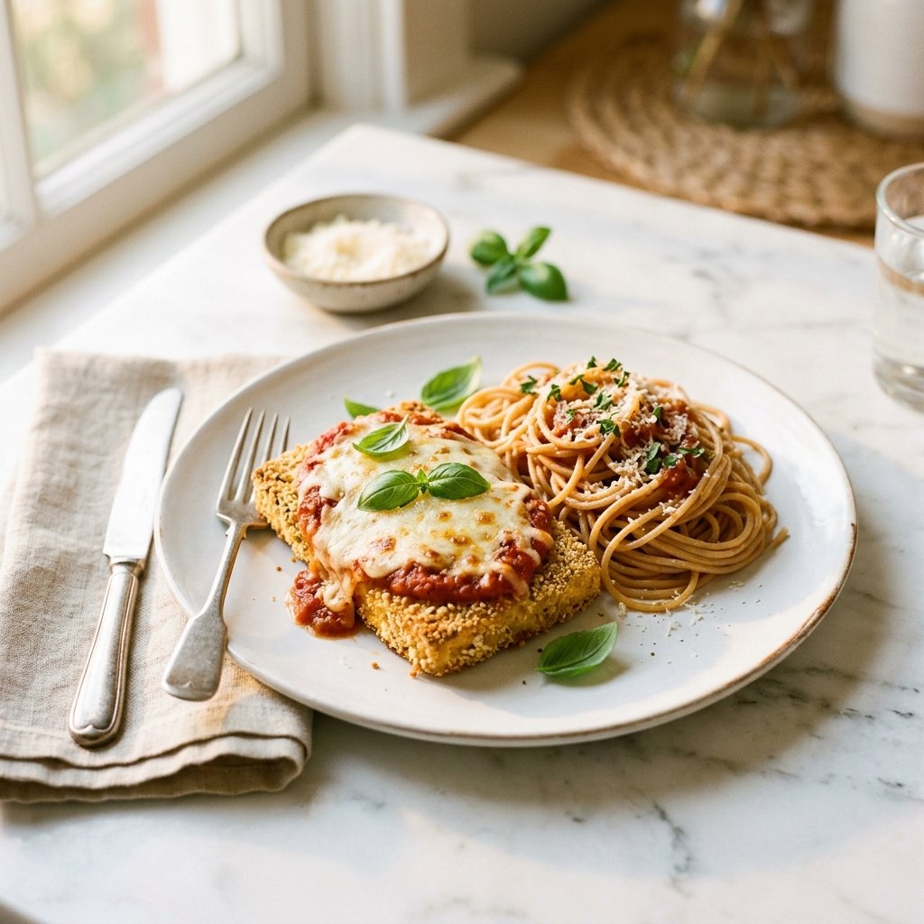 A plate of baked tofu parmesan topped with melted cheese and herbs, served with whole-wheat pasta on a white marble surface.