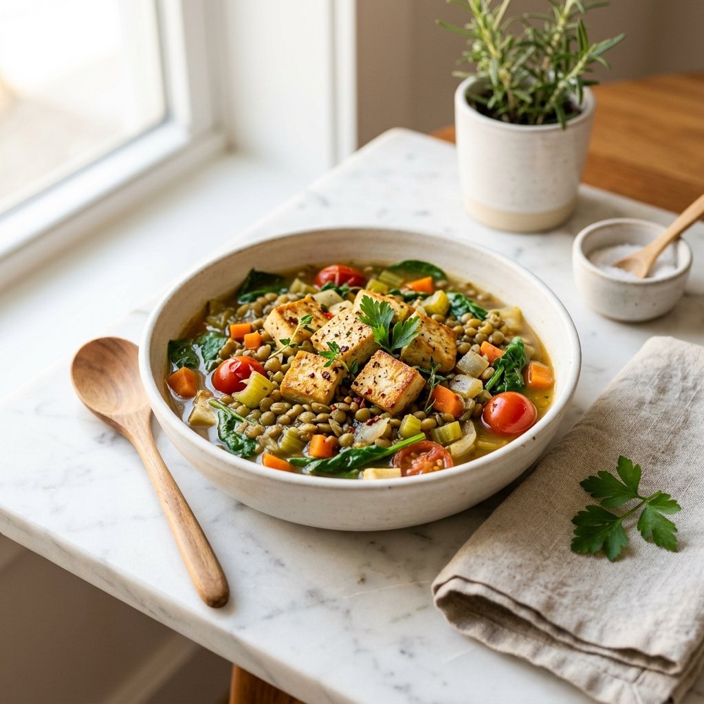 A bowl of tofu and lentil vegetable stew on a white marble surface with a wooden spoon and linen napkin nearby.