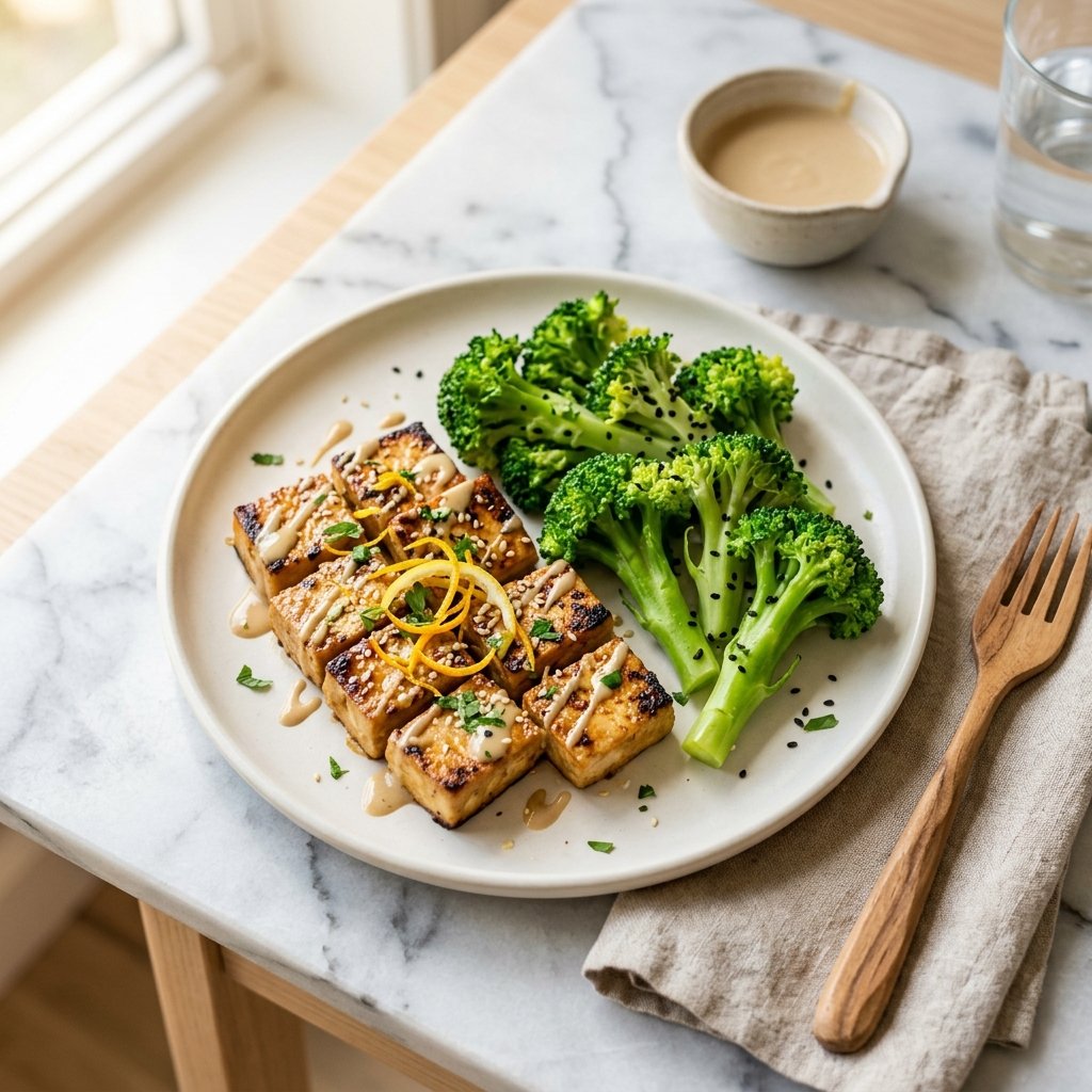 A plate of citrus-tahini marinated tofu with steamed broccoli on a white marble surface, with minimal props and natural lighting.