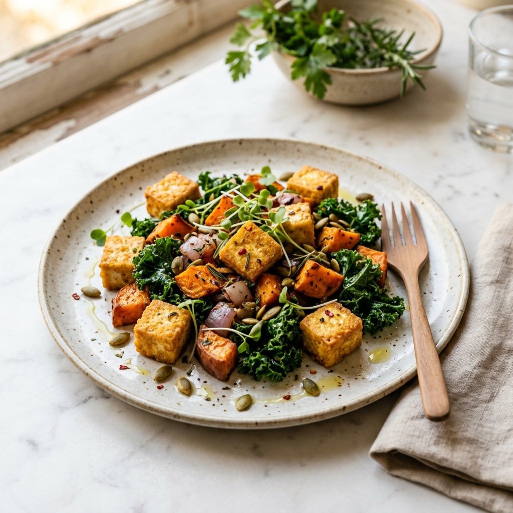 A plated tofu, sweet potato, and kale hash dish on a white marble surface with natural lighting.