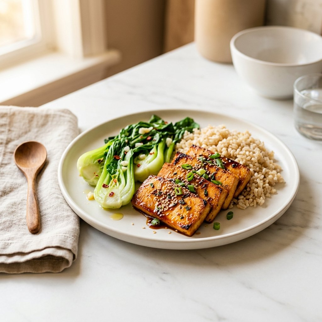 A plate of miso-glazed tofu with brown rice and bok choy on a white marble surface with natural light.
