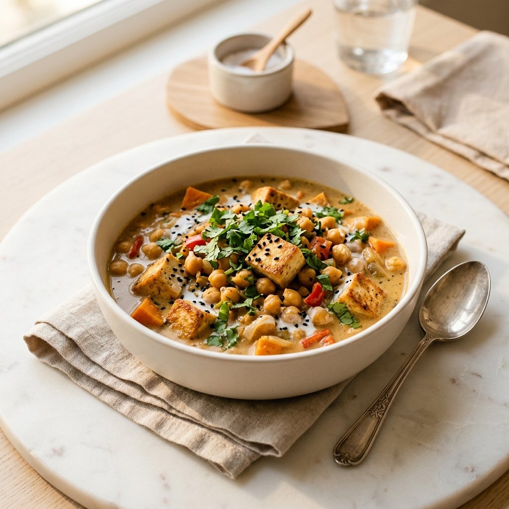 A bowl of tofu and chickpea curry with coconut milk on a white marble surface, garnished with fresh herbs.