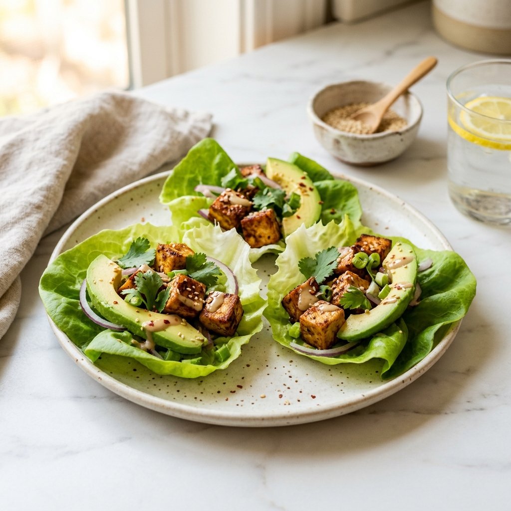 A plate of smoky tofu lettuce wraps with avocado on a white marble surface.