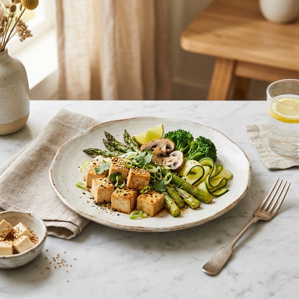 A beautifully plated tofu dish on a white marble surface with fresh herbs and vegetables.