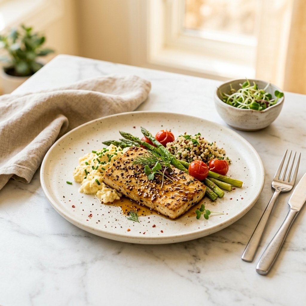A beautifully plated tofu dish on a white marble surface with warm natural lighting and minimal props.