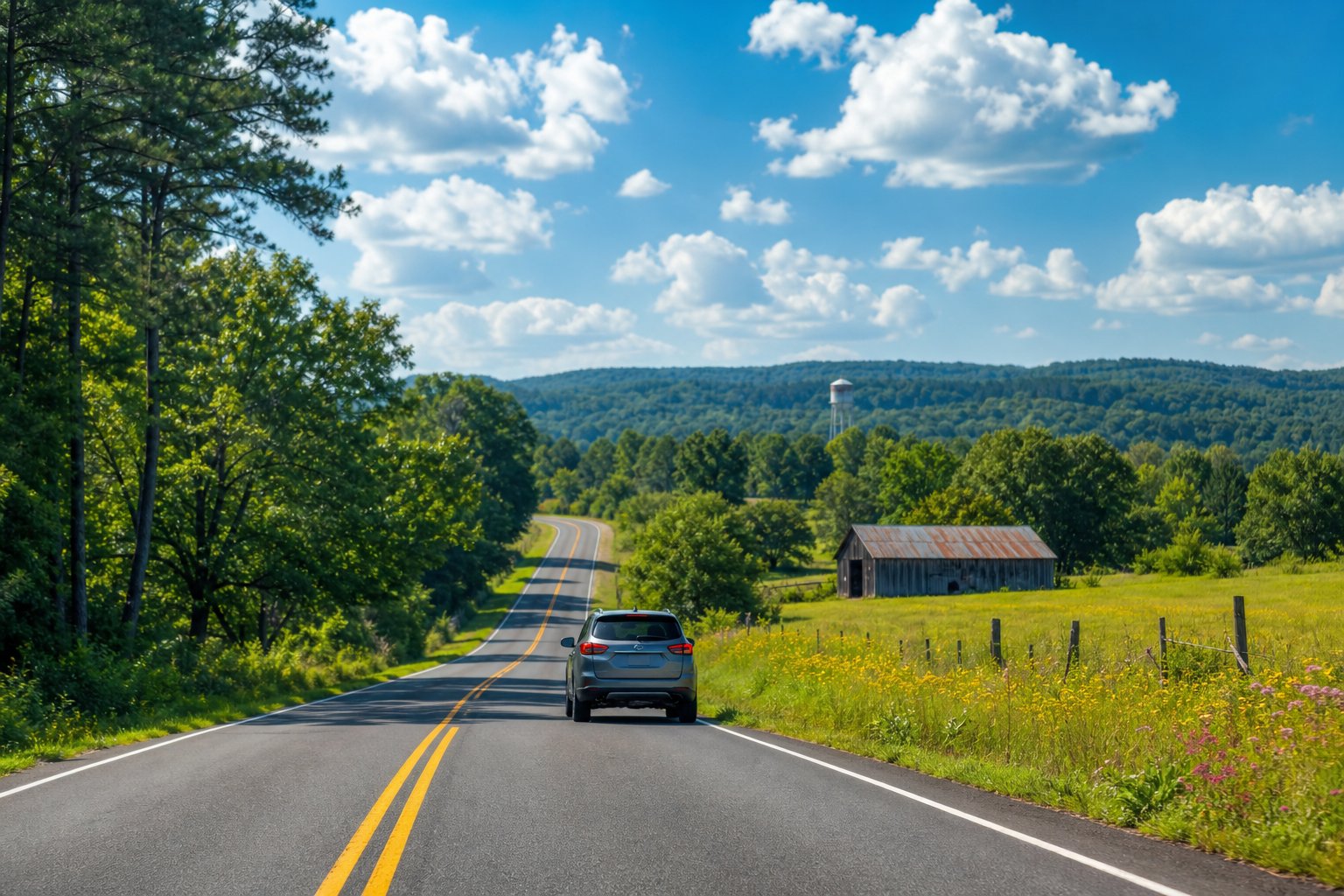 A car driving on a two-lane road surrounded by green trees and hills under a blue sky near Dothan, Alabama.
