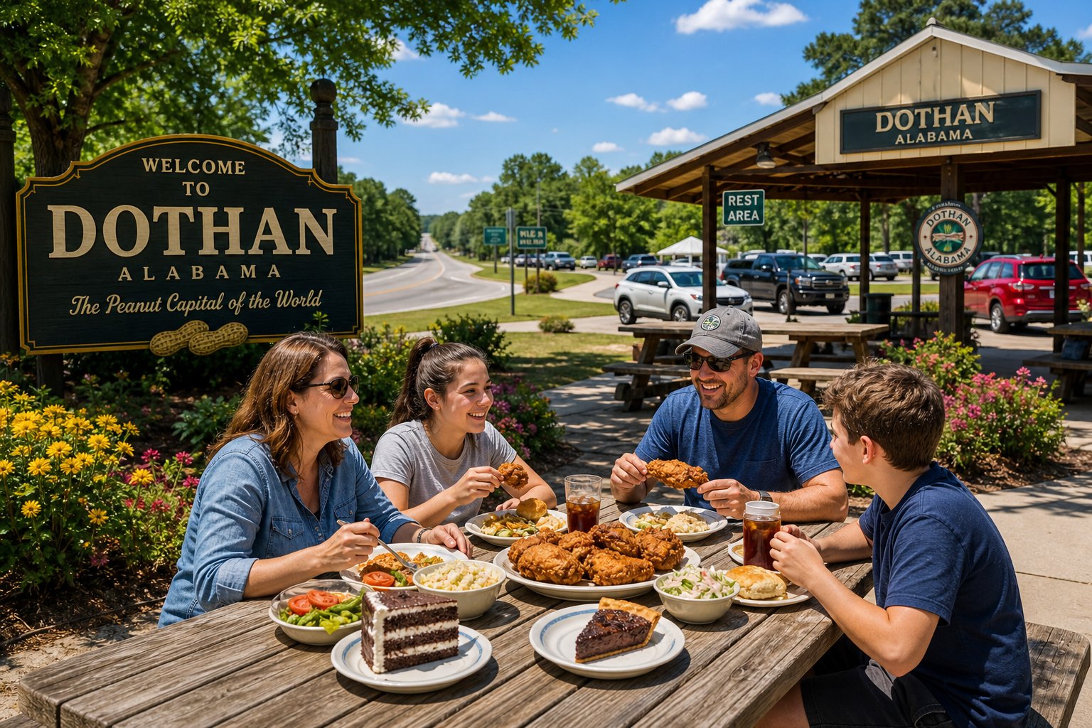 A sunny roadside rest stop in Dothan, Alabama with picnic tables, green trees, and people enjoying a meal outdoors.