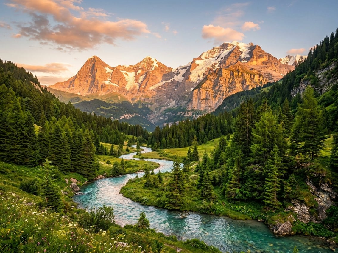 A breathtaking view of a mountain landscape with green forests and a clear river flowing through a valley under a partly cloudy sky.