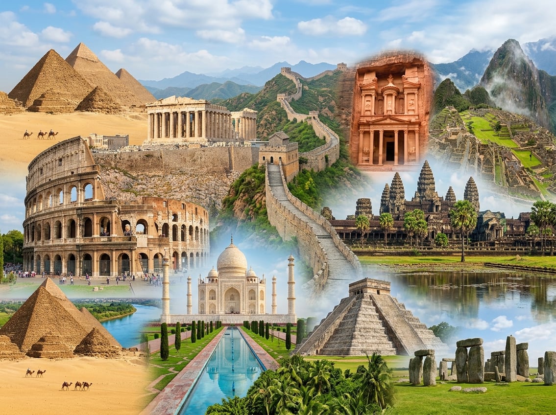A collage of ten famous ancient and cultural landmarks from around the world, including pyramids, temples, ruins, and historic monuments.