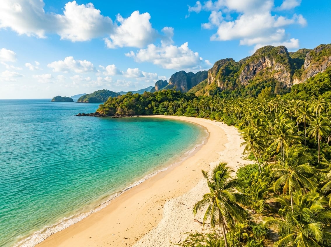 A pristine sandy beach with clear turquoise water, palm trees, and rocky cliffs under a blue sky.